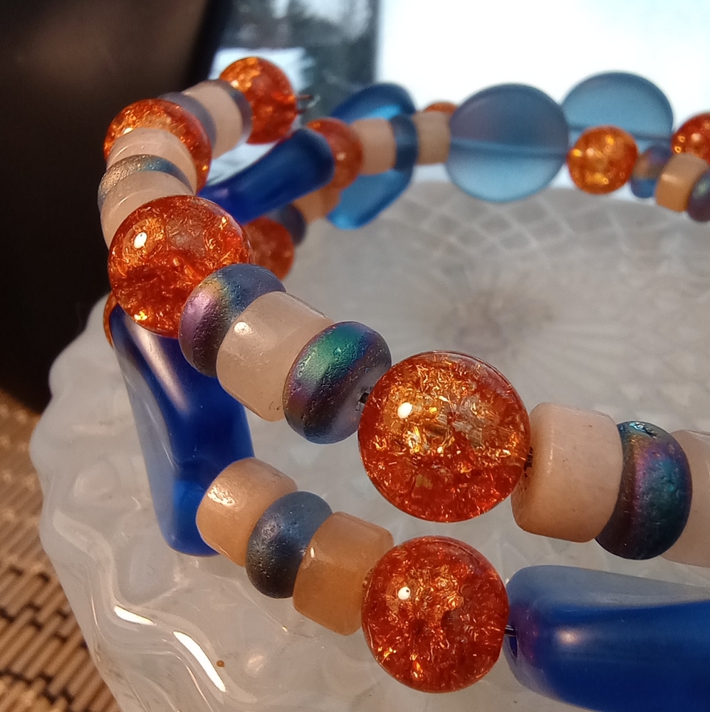 Glass & Foil Bead Coil Bracelet 16.5" Blue & Orange Sea glass Style